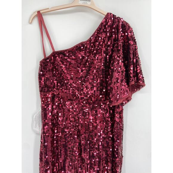 Mac Duggal Burgundy Red Sequined One-Shoulder Slit Column Formal Gown Sz 14 NWT - Picture 7 of 8